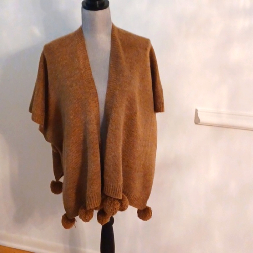 Pretty Angel Poncho style Sweater Brown Pompons  along Hem Tie Front NWT OS